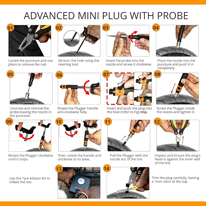 GRAND PITSTOP 21 Pcs Tubeless Tire Plugger Repair Kit with Multi-funcional Plier for Punctures and Flats on Cars, Motorcycles, ATV, RV, SUV, Trailer, Trucks & Tractors (15 Mushroom Plugs)