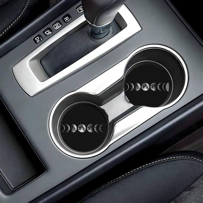 Moon Art Car Cup Holder Coasters 2 Pack 2.63" for Women | Universal Anti Slip Ceramic Absorbent Coaster with Cork Base and Finger Notch Cute Car Accessories Interior
