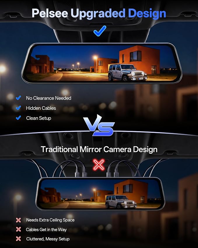 Pelsee S12 Native 4K + 2.5K Mirror Dash Cam, Rear View Mirror Camera w/ 8MP Starlit Color Night Vision, WiFi 6 30MB/s Download, GPS, 64GB Card Included, Backup Camera for SUVs Trucks Vans RVS