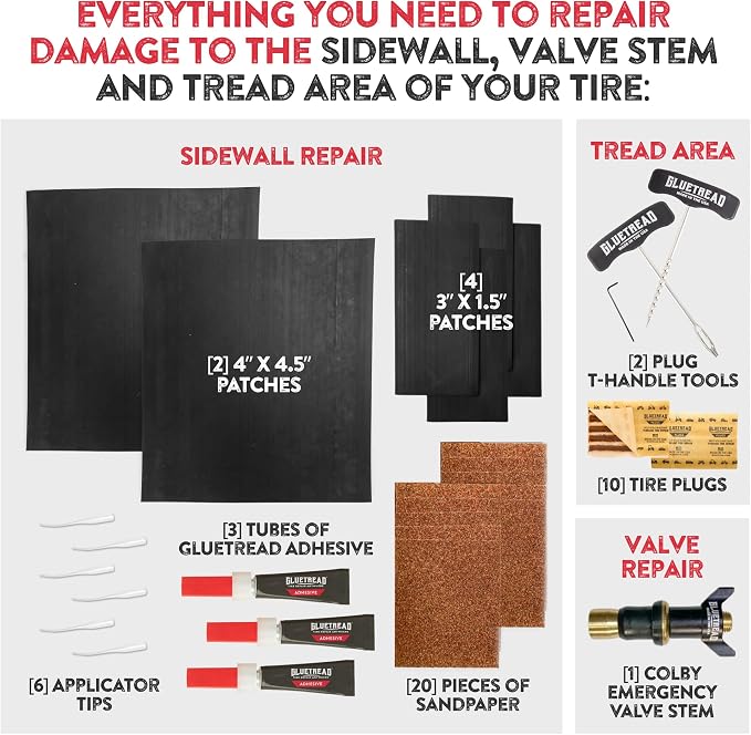 GlueTread Complete Off-Road Tire Repair Kit - Fix Sidewall Damage and Punctures - Includes Heavy Duty Tire Patch Kit, Plugs & Colby Emergency Valve Stem - Enhanced Rubber Formula, Fast Setting
