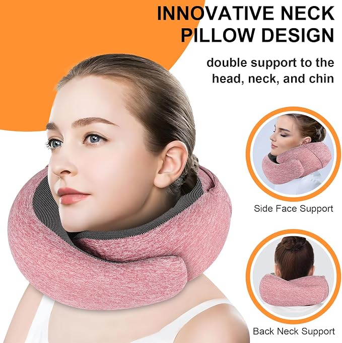 Travel Pillow - Hooded Neck Pillow Airplane Memory Foam Filling for Plane, Cars Sleeping, Road Trip, Long Flights, Portable Plane Accessories, Includes Eye Mask & Earplugs (Red)