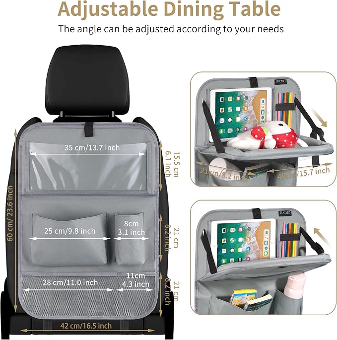 LUCMO Car Backseat Organizer with Foldable Tablet Holder, Grey | 6 Storage Pockets,Foldable Food Tray,Protectors Kick Mats,Travel Accessories,Seat Cover,Road Trip Essentials