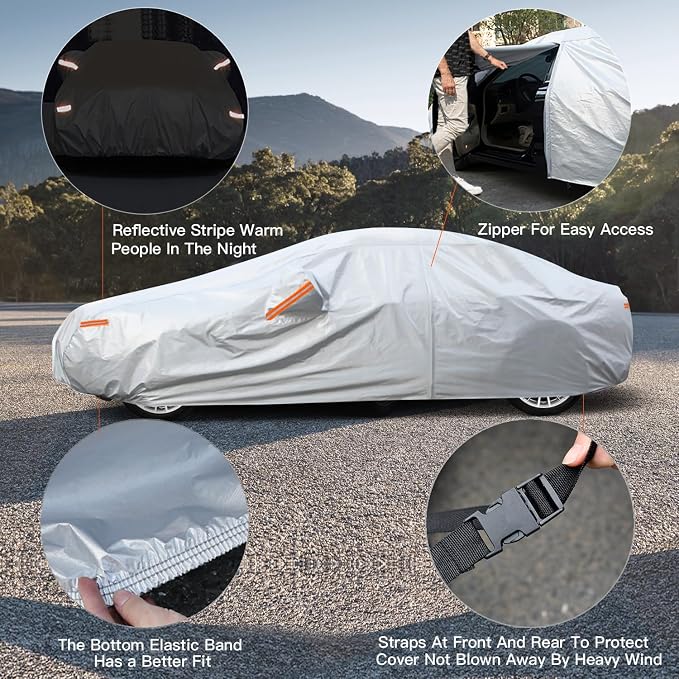 Kayme 6 Layers Car Cover Custom Fit for Honda Accord Sedan/Coupe (2001-2025) Waterproof All Weather for Automobiles, Outdoor Full Cover Rain Sun UV Protection with Zipper Cotton/Silver