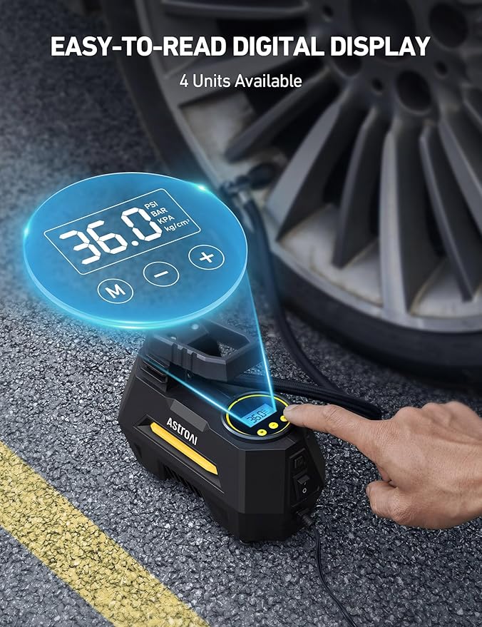 AstroAI AIRUN H1 Tire Inflator Portable Air Compressor,Fast Inflation Electric Air Pump for Car Tires-Car Accessory,9.8Ft Cord-12VDC-Powered Auto Shut-Off with Digital Pressure Gauge,LED Light,Yellow