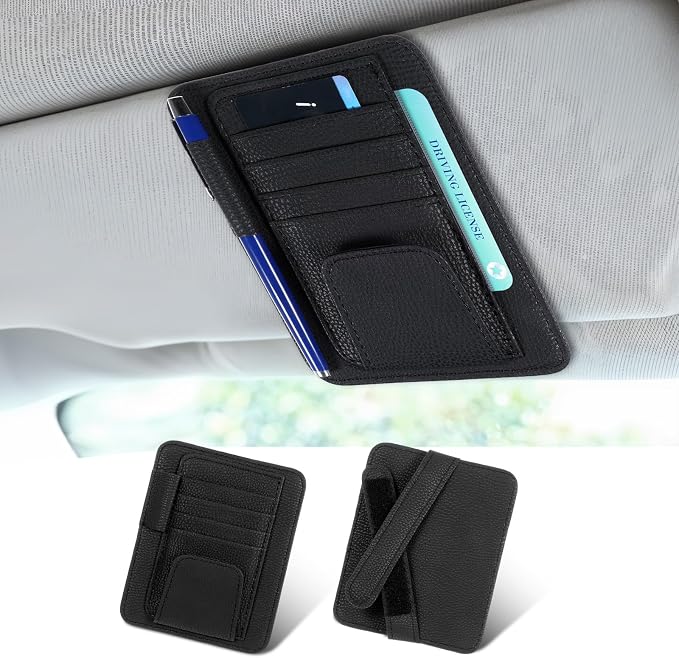 Small Leather Car Sun Visor Organizer and Insurance Card Holder, Auto Car Sun Visor Organizer, Multifunctional Auto Interior Accessories Storage Pocket for Card License Registration Document, Pen, Key