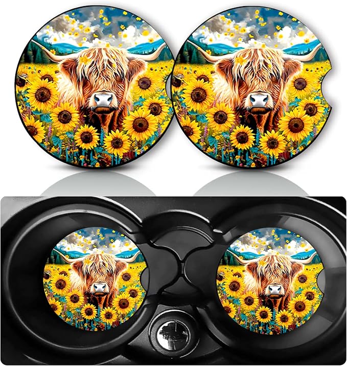 2 Pack Sunflower Highland Cow Car Cup Holder Coaster Neoprene Anti Slip Mat | Cows Car Accessories Decor 2.75" Universal Size Insert Auto Coasters Highland Cow Gifts for Women Men
