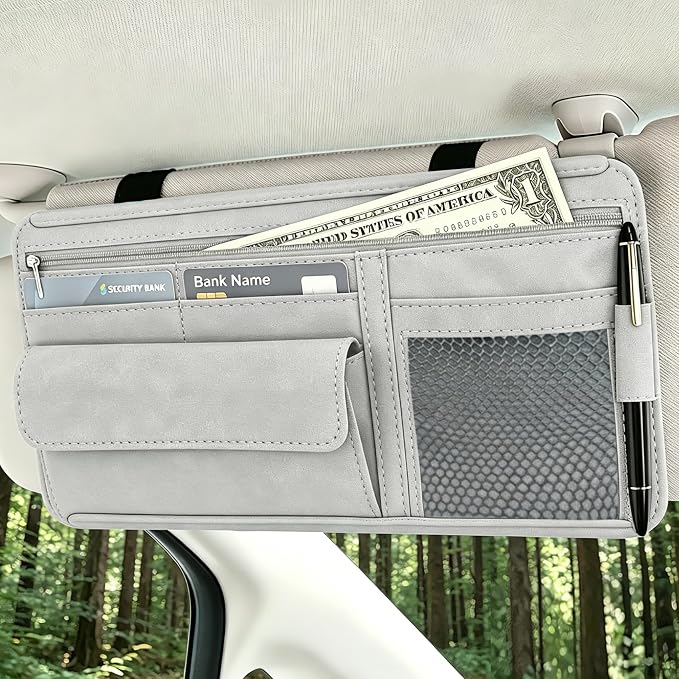 Car Sun Visor Organizer, Visor Accessories, Leather Sunvisor Pocket Organizer Case with Multi-Pocket Net Zipper, Waterproof Auto Sunshade Organizer Bag for Card Pen Sunglasses Document (Grey)