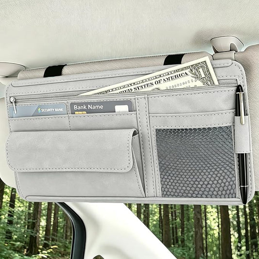 Car Sun Visor Organizer, Visor Accessories, Leather Sunvisor Pocket Organizer Case with Multi-Pocket Net Zipper, Waterproof Auto Sunshade Organizer Bag for Card Pen Sunglasses Document (Grey)