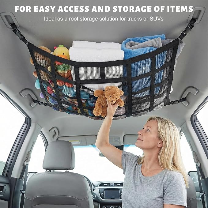 Car Ceiling Cargo Net Pocket, 35.4×25.2 Inch Double-Layer Car Roof Mesh Storage Organizer, Strengthen Load Bearing Overhead Cargo Storage Net for 4-Handle Vehicles
