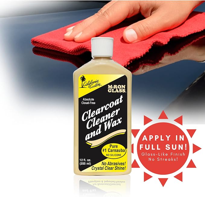 CALIFORNIA CUSTOM - M-Ron Glass Clearcoat Cleaner & Wax with Finest Pure #1 Carnauba Wax, Seals and Protects With A Crystal Clear Shine, No Silicone, Can Be Applied In Direct Sun Light! 12 oz