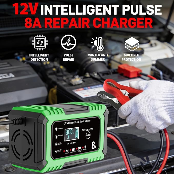 12V Battery Charger 8-Amp Smart Trickle Charger, Green | Battery Maintainer and Desulfator, Temperature Compensation, for Car, Truck, SUV, Motorcycle, Boat, Lead Acid, LiFePO4