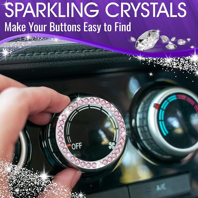 Bling Car Decor Crystal Rhinestone Car Bling Ring Emblem Sticker, Bling Car Accessories for Auto Start Engine Ignition Button Key & Knobs, Bling for Car Interior, Unique Gift for Women (Pink)