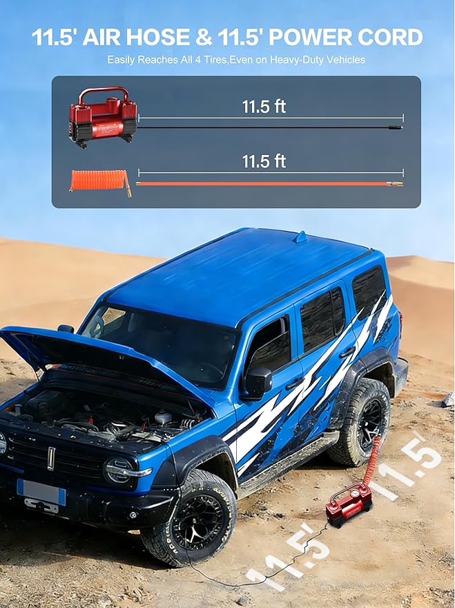 GSPSCN 12V Heavy Duty Tire Inflator Metal Portable Air Compressor Pump | 6X Faster Inflation Dual Cylinders 150PSI Air Pump with Adapter for Car, RV,Pickup Truck, SUV, Van,Camper, Air Bed,Ball