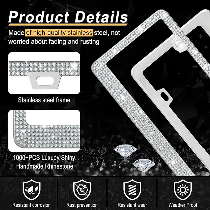 GaRhomxy Bling License Plate Frames for Women, 1 Pack Handcrafted Sparkly Rhinestone Car Accessories, Premium Stainless Steel Frame with 1000+ Faceted Glass Crystals & Free Glitter Caps (White)