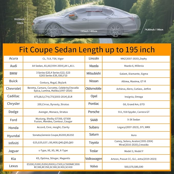 8 Layers Car Cover Waterproof All Weather,Outdoor Car Cover Rain Sun Protection for Car with Zipper Cotton, Universal Exterior Covers Fits for Audi A4 A5,2007-2025 BMW 3 Series(195in*74.8in*59in)