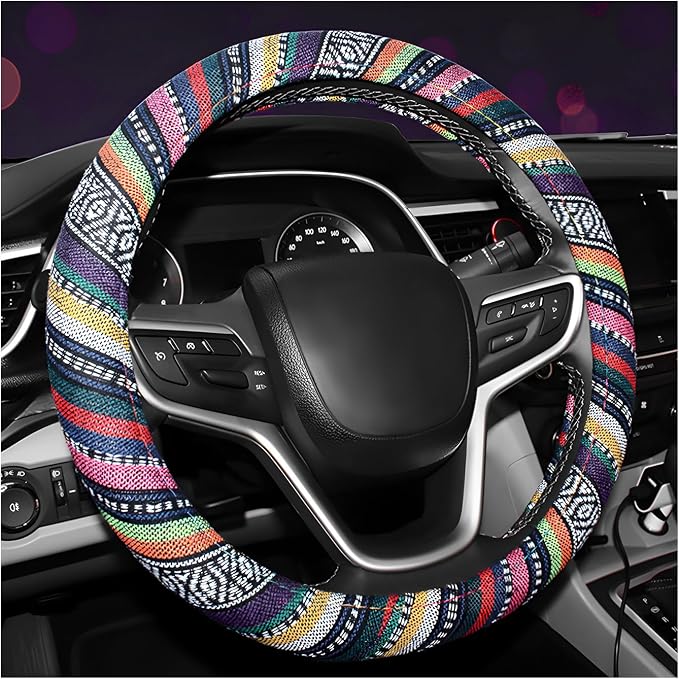 Boho Steering Wheel Cover, 15 Inch Coarse Flax Cloth Ethnic Style Anti-Slip Car Wheel Wrap, Universal Breathable Bohemian Steering Wheel Protector for Cars Vans Trucks (B)