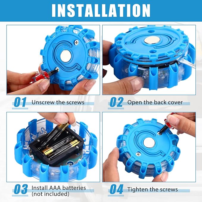 Tallew 12 Pack LED Road Flares Emergency Lights Roadside 9 Flash Modes Warning Car Safety Beacon Magnet Hook Flashing Disc Flare Kit for Vehicles Car Truck Boats Holiday Gift (Blue)