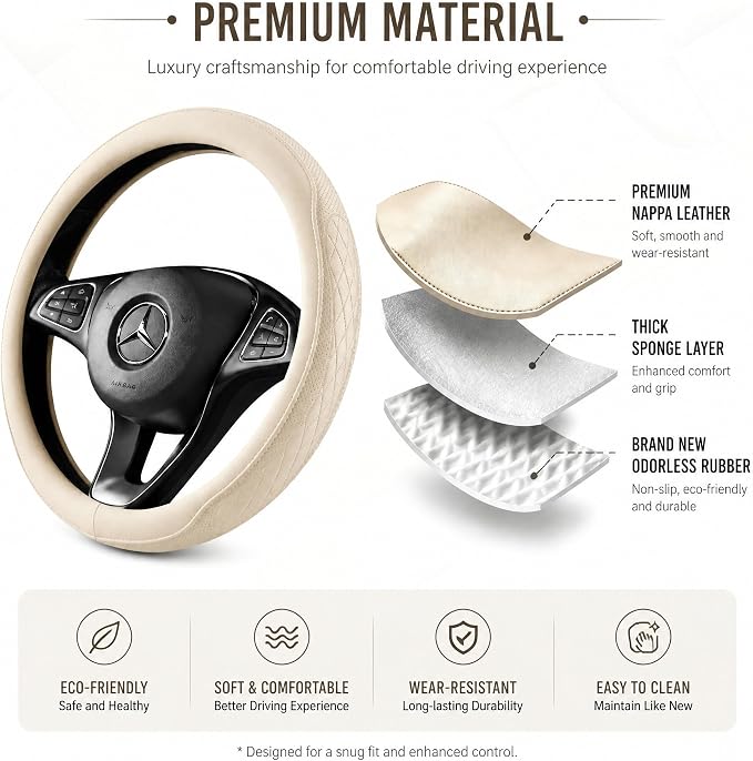 Beige Steering Wheel Cover, Perforated Synthetic Leather Car Steering Cover with Odorless Rubber Inner, Universal Non-Slip Fit for Light Color Interiors (Beige)
