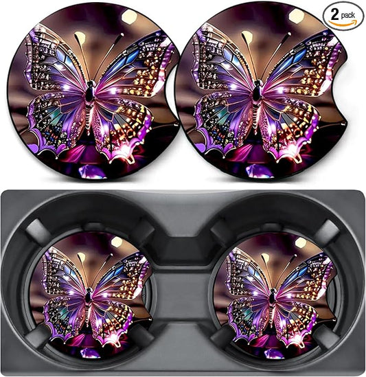 2 Pack Pink Butterfly Car Coasters for Cup Holders,Neoprene Anti Slip Mat | 2.75" Universal Size,Auto Rubber Drink Coasters Decor Car Accessories Interior Pink Butterfly Gifts for Women Men