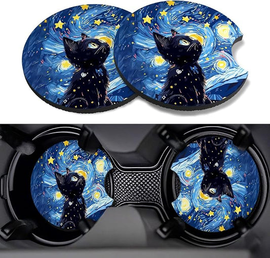 Car Cup Coasters,2 Pack Car Coaster,2.75inch Anti Slip and Absorbent Cars Coasters for Cup Holders,Neopren Accessories for Women,Cute Decor for Women (Starry Cat)