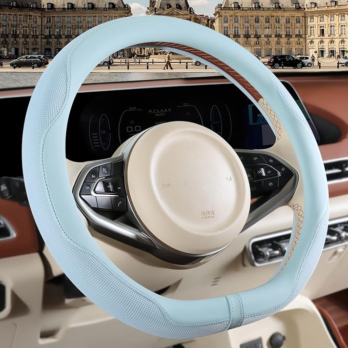 Nappa Leather Blue D Shaped Steering Wheel Cover 15 inch | Non-Slip Breathable Microfiber Leather Ice Silk Fabric, Warm in Winter and Cool in Summer Universal 14.5 inch to 15 inch