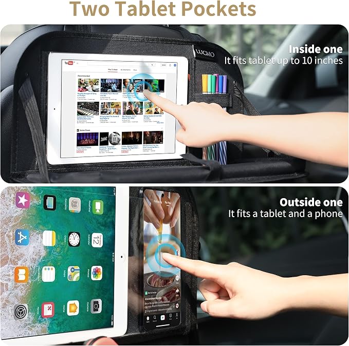 LUCMO Car Backseat Organizer with Foldable Tablet Holder, Black | 6 Storage Pockets,Foldable Food Tray,Protectors Kick Mats,Travel Accessories,Seat Cover,Road Trip Essentials