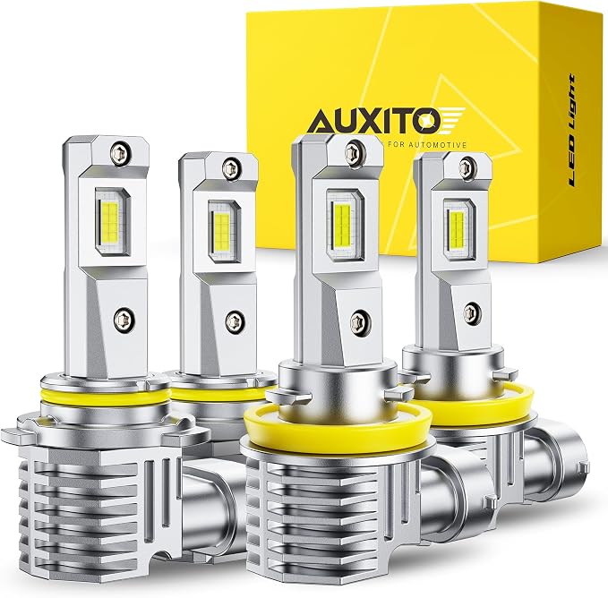 AUXITO 9005 H11 LED Bulbs, 80,000LM 15X Super Bright, 6500K Cool White, 20 Years Long Lifespan, 1:1 Mini Size Replacement Light Bulbs, Plug-N-Play, Pack of 4
