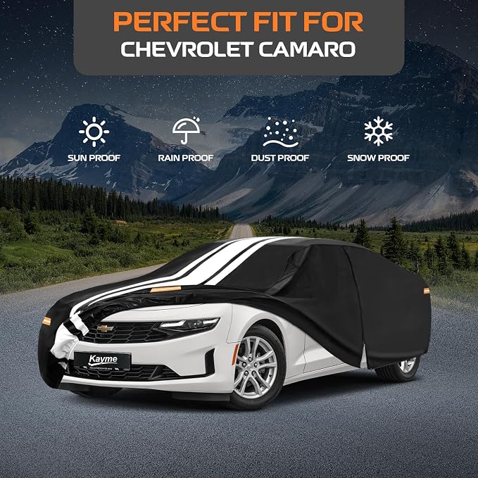 Kayme Heavy Duty Car Cover Custom Fit for Chevrolet Chevy Camaro ZL1 SS Z28 LT LE LS (1966-2024), Outdoor Full Exterior Cover with Tape and Towel, Rain Snow Sun UV Protection.