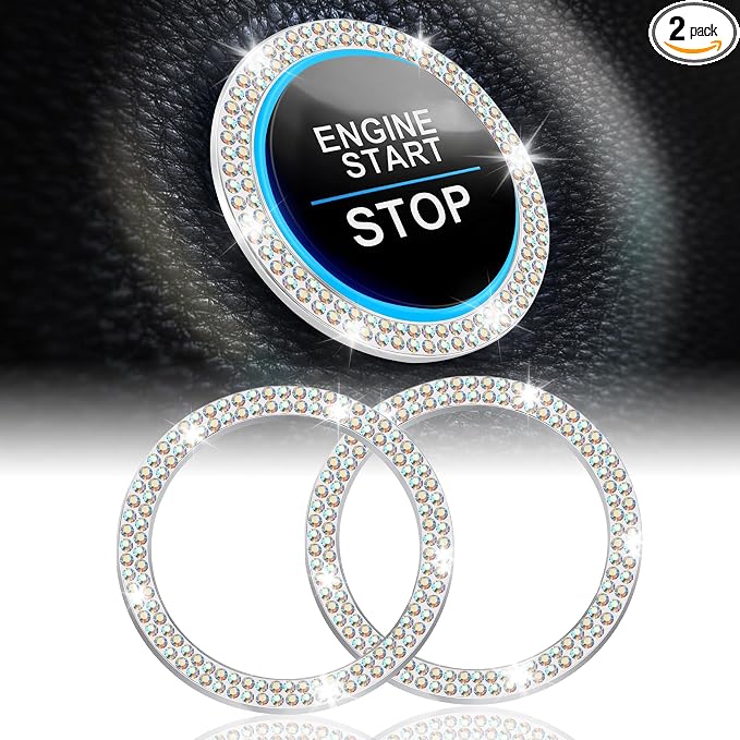 LivTee 2 PCS Crystal Double Rhinestone Car Engine Start Stop Decoration Ring, Bling Car Interior Accessories for Women, Push to Start Button Cover Sticker, Automotive Decals, Colorful