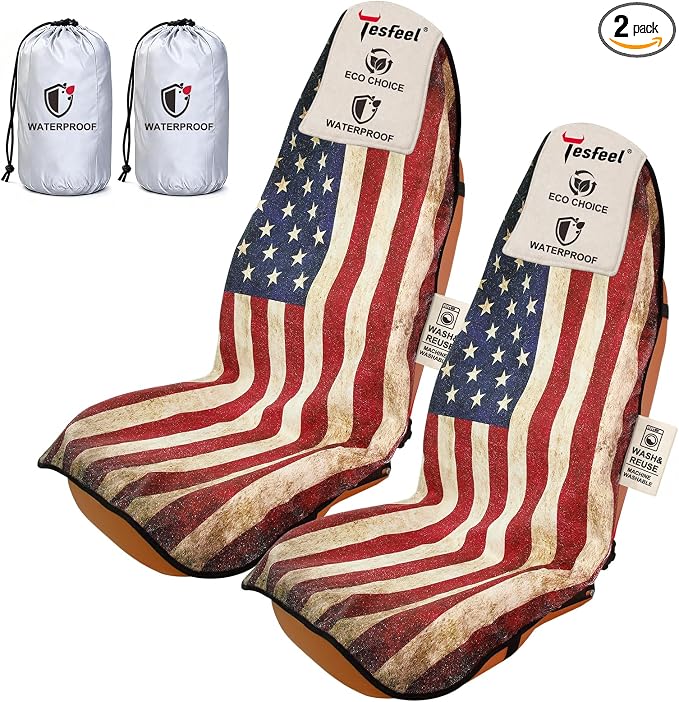 2 Pack American Flag Car Seat Cover Towel, Waterproof Sweat Protector for Gym Post-Workout & Beach, Universal Fit for Sedans SUV Minivan, Machine Washable Non-Slip Bucket Seat Mat