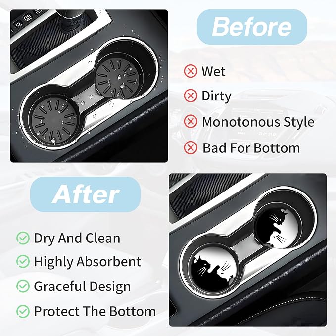 White and Black Cat Car Coasters for Cup Holders,2 Pack Car Cup Holder Coasters for Car,Ceramic Absorbent Car Coaster with A Finger Notch and Cork Base,Car Interior Accessories for Women Men