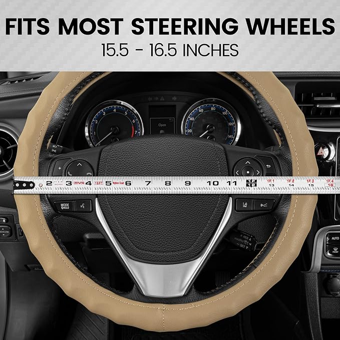 BDK Beige Leather Car Steering Wheel Cover Large Size 15.5 to 16 inch, Easy Installation