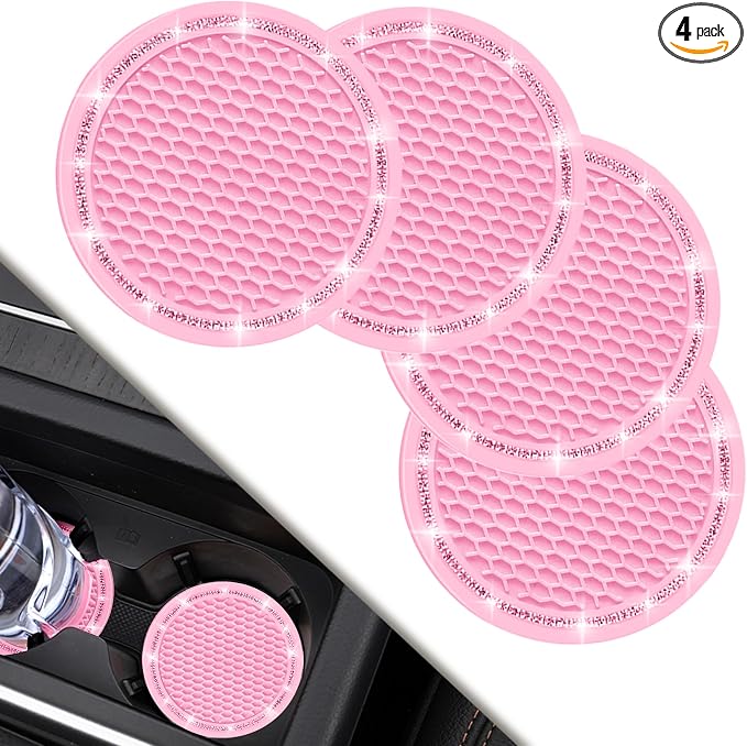 COCASES Car Coasters, 4 Pack Universal Vehicle Bling Car Coaster, Rhinestone Coaster for Cup Holders, Car Interior Accessories 2.75'' Silicone Car Coasters for Women(Pink, Pink Crystal Circle)