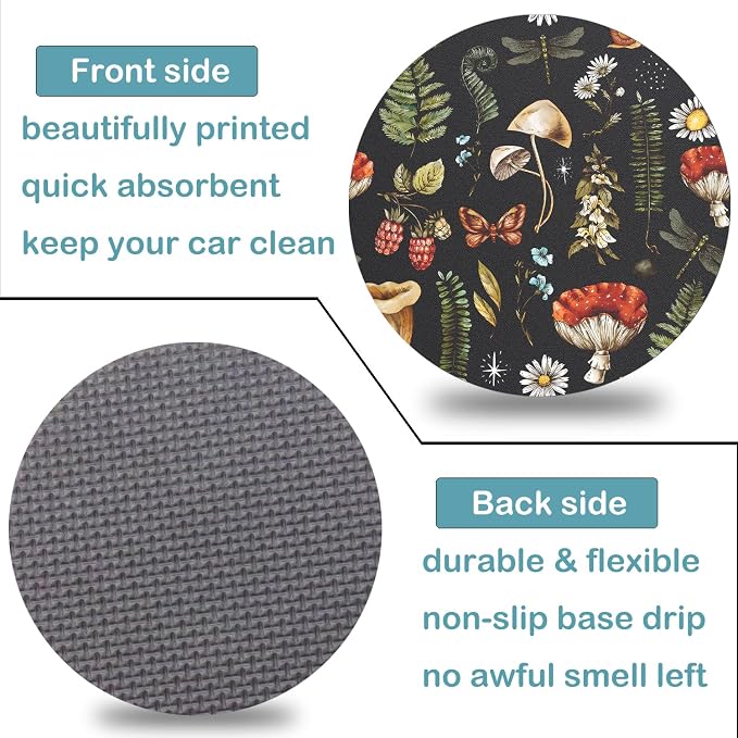 Car Cup Holder Coasters, 2 Pack – 2.75" Universal Auto Anti-Slip Insert Coaster, Rubber Car Coasters, Personalized Car Accessories for Women & Men (Woodland Mushrooms)
