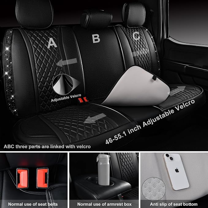 CAR Pass Bling Car Seat Covers, Microfiber Nappa Leather Luxury Cushioned, Waterproof Heavy-Duty Anti-Slip Universal Fit for Auto SUV Sedan, Sparkly Glitter Shining Rhinestone Full Set, Black Diamond