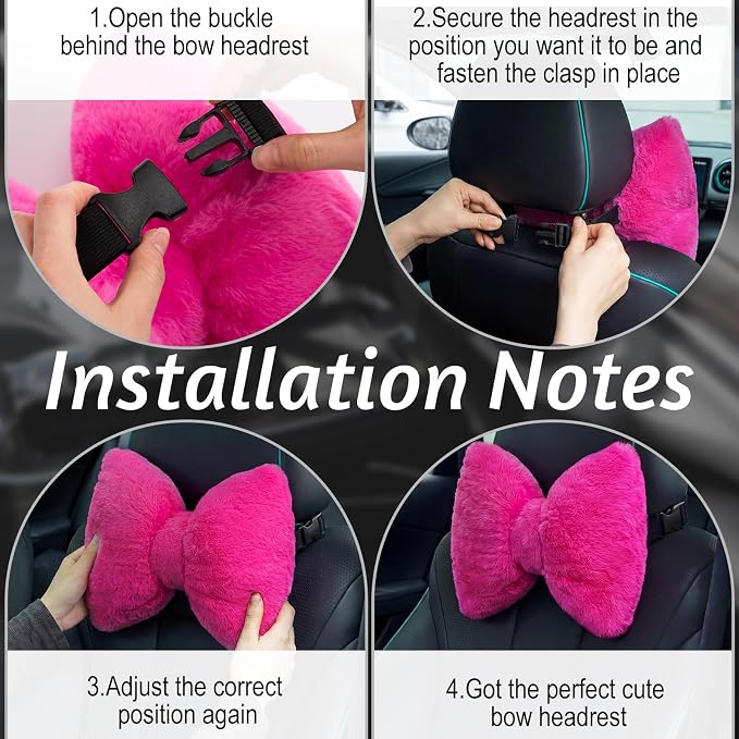 Macarrie 2 Pcs Rose Red Car Neck Pillow Imitation Rabbit Fur Bow Pillow | Soft Comfortable Seat Headrest Support, Cute Bow Car Accessories, Driving Travel Driver Chair Girl Interior Decor, Solid