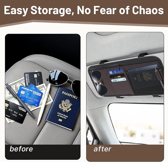 Car Visor Organizer,Premium Leather with a Hidden Zip Pocket, Sunglasses Organizer,3 Card Slots and a Stretch Mesh Pocket,Easy Installation,Compatible with Car Accessories for Vehicle, SUV, Truck