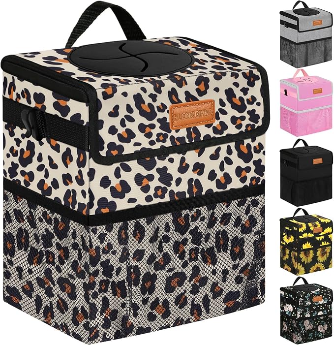ELONGRIVER Car Trash Can Bin for Back Seat Leak Proof, Cute Car Trash Bag Hanging, Vehicle Trash Can for SUV Truck Van, Automotive Garbage Cans Front Seat Leopard Print
