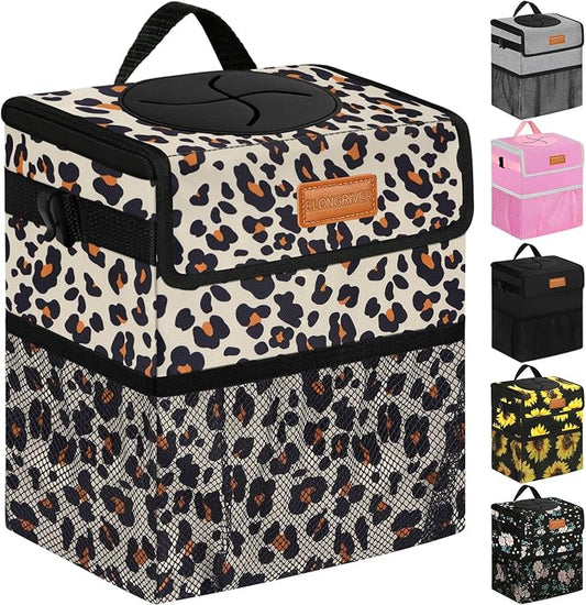 ELONGRIVER Car Trash Can Bin for Back Seat Leak Proof, Cute Car Trash Bag Hanging, Vehicle Trash Can for SUV Truck Van, Automotive Garbage Cans Front Seat Leopard Print, 2 Gallons