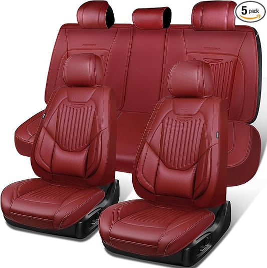 CAR PASS Luxury Nappa Leather Car Seat Covers Full Set, Lumbar Support Seat Covers for Car 5 Seats, Waterproof Car Seat Protector, Automotive Seat Covers Universal Fit for Sedans SUV Trucks Burgundy