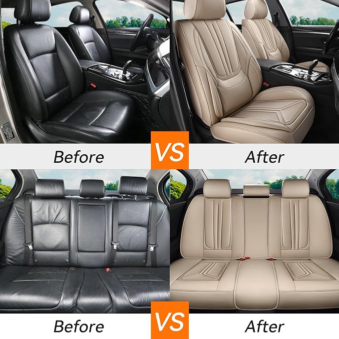 Car Seat Covers Full Set Beige, Premium Leather Car Seat Covers, Waterproof and Breathable Seat Covers, Universal Car Seat Protector Fit for Cars, Trucks, SUVs, Pick-ups