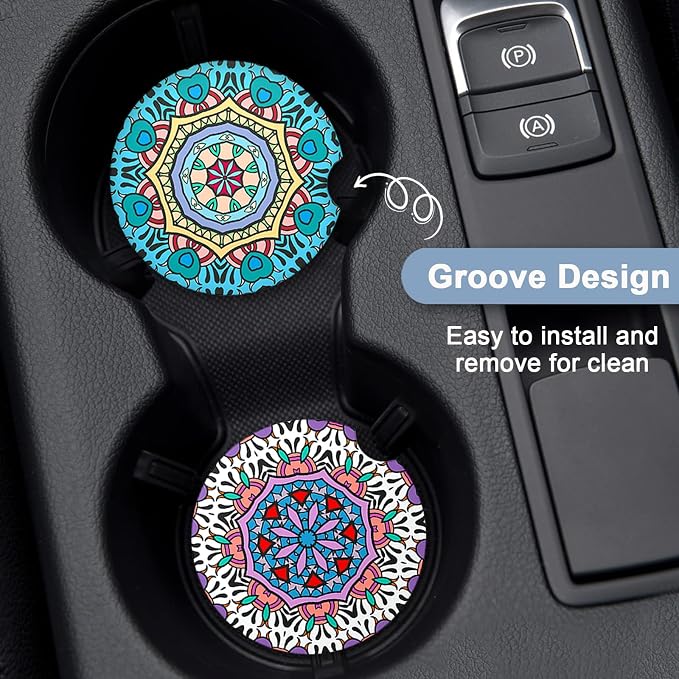 Nipichsha Car Coasters for Cup Holders, 2 Pack Absorbent Ceramic Car Cup Holder Coaster for Drinks, Cute Auto Assecories for Women Men, Size 2.56 in with Finger Notch & Cork Base, Mandala