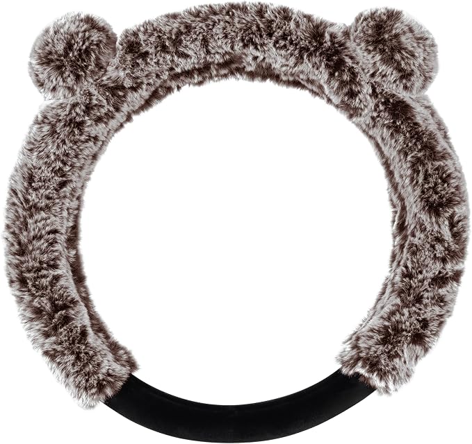 BDK Bear Fur Steering Wheel Cover, Plush Faux Fur Fuzzy Steering Cover for Car Truck Van SUV, Standard Size Fits Wheels 14.5-15 in Diameter, Brown with Ears
