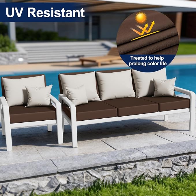 Smiry Waterproof Patio Cushion Covers, Stretch Outdoor Couch Slipcovers Replacement Washable Furniture Protector Sofa Chair Seat Cover for Dogs and Pets (8 Pcs, Coffee)