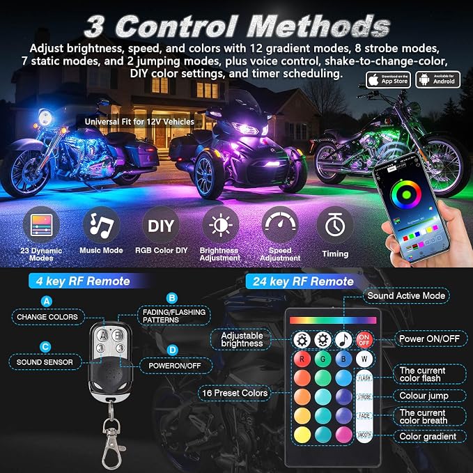 16PCS Double Row Motorcycle RGB LED Light Kits with Brake Turn Signal, Super bright Underglow Light with APP/RF Remote Dual Zone, Neon Accent Waterproof 12V for Cruiser Touring&Can-Am Ryker Motorcycle