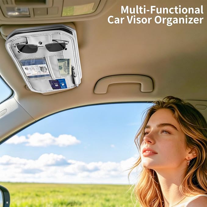Car Sun Visor Organizer with Multi Pockets PU Leather Zipper Bag | Sunglass Holder with Elastic Straps and Glasses Clip Sunvisor Organizers Universal Fit for Trucks SUV Jeeps & Patrol Vehicles