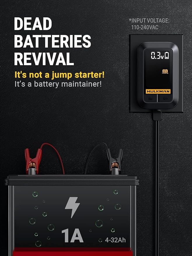 HULKMAN Sigma 1 Car Battery Charger - 1A 6V/12V Automatic Smart Trickle Charger, Battery Maintainer, and Desulfator with Intelligent Interface