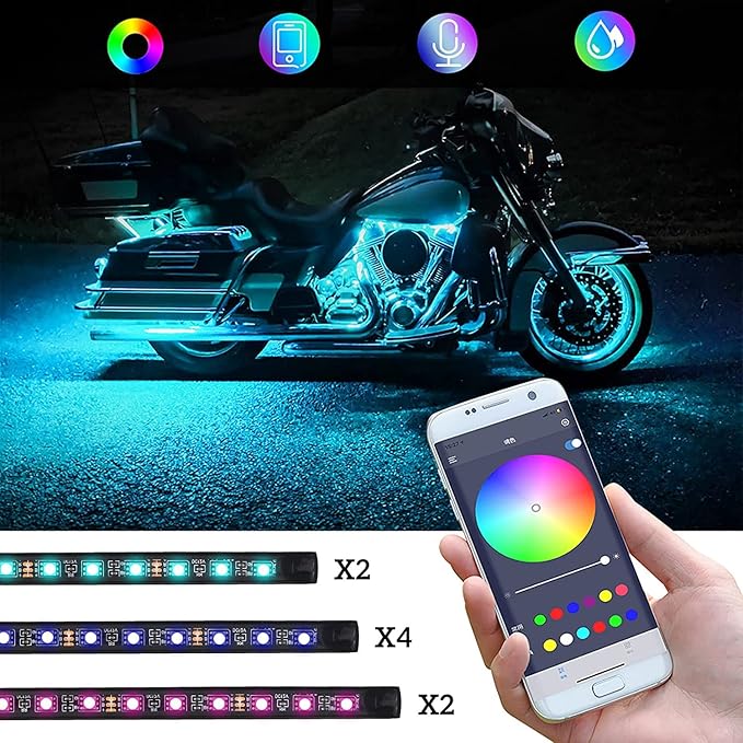 12PCS Motorcycle LED Underglow Kit, App Control Multicolor Motorcycle Lights Underglow Kit Music Sync Waterproof Underglow Compatible with Harley Davidson Honda Kawasaki Suzuki Motorcycles