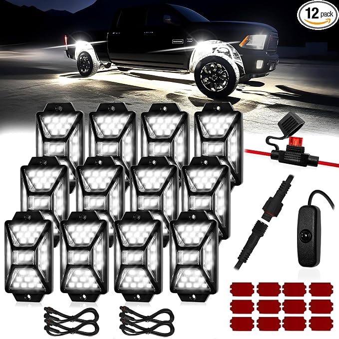 12 Pods Pure White LED Rock Lights Kit with Switch Wiring Harness,6500K 324 LEDs Bright Rock Lights for Trucks,Waterproof Underglow Light for Car Jeep Off Road ATV UTV SUV(Patented)