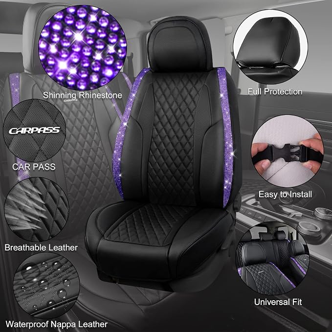 CAR PASS Bling Nappa Leather Car Seat Cover for Full Set Universal Luxury Waterproof Heavy-Duty Anti-Slip Cushioned Fit for SUV Sedan, Sparkly Glitter Shining Diamond Violet Crystal Purple Rhinestones